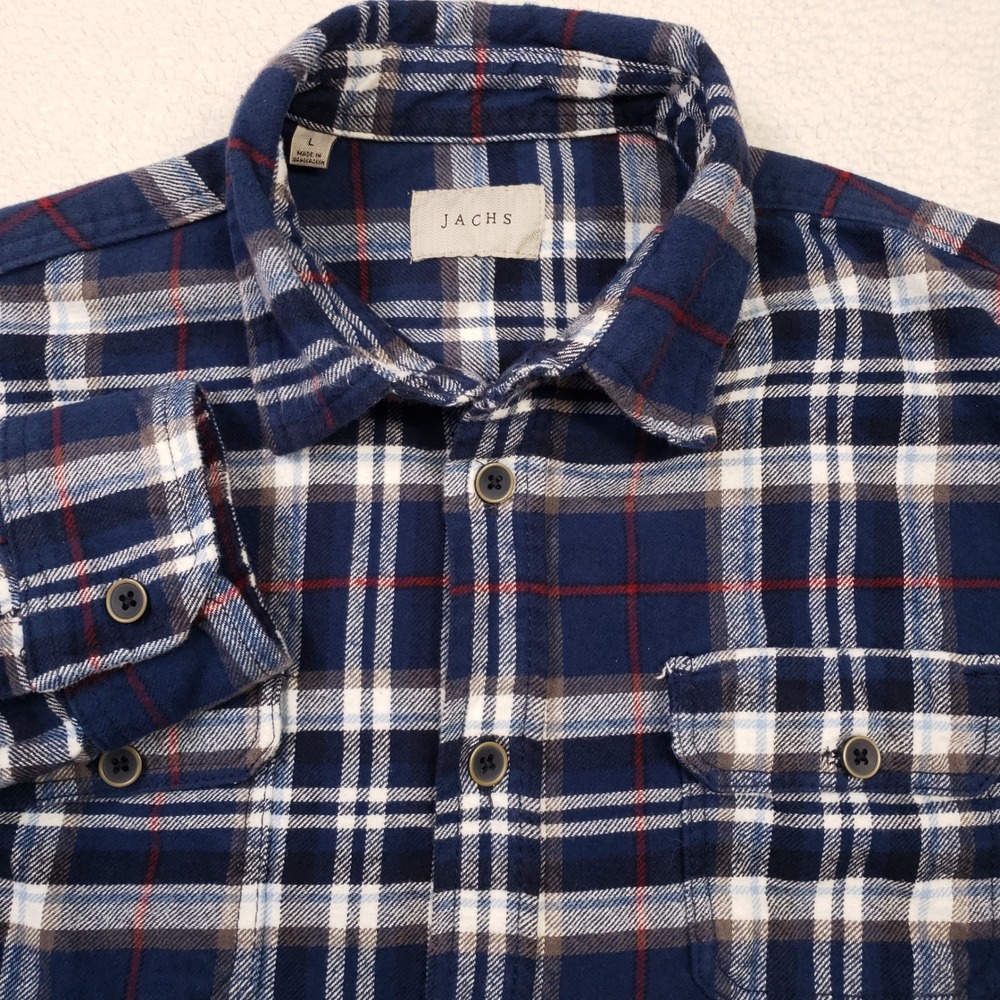 JACHS Flannel Shirt Men Large Blue Plaid Long Sleeve Button Up Heavy Cotton